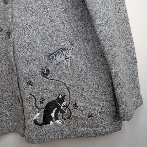 Vintage Bon Worth Woman Large Grandma Cat Embroidered Button Down Cardigan Grey - Picture 5 of 12